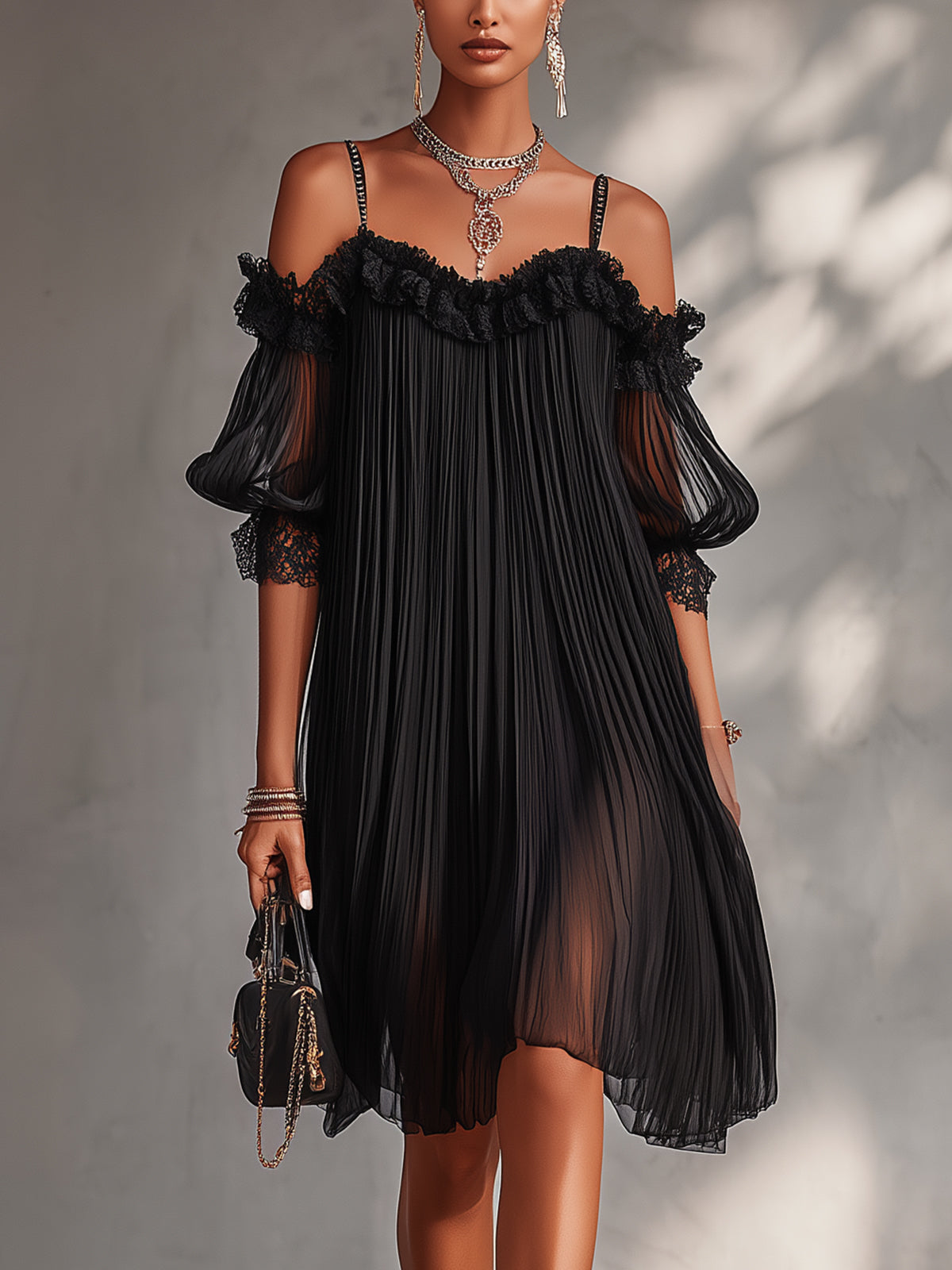 Marie | Mini Vestido Negro De Muselina Con Hombros Descubiertos Y Ribete De Encaje