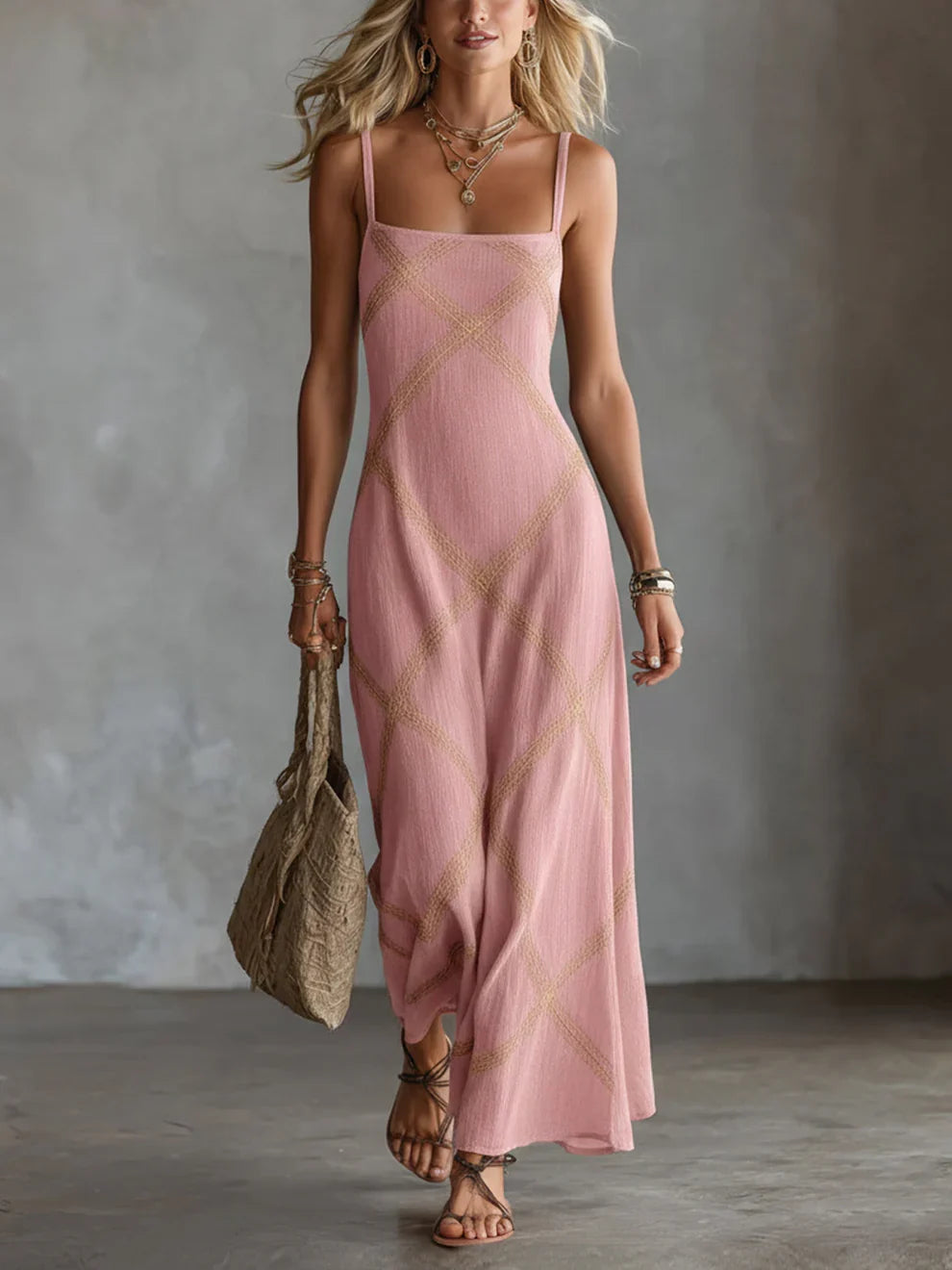 Ilona | Vestido Maxi Geométrico con Escote Cuadrado