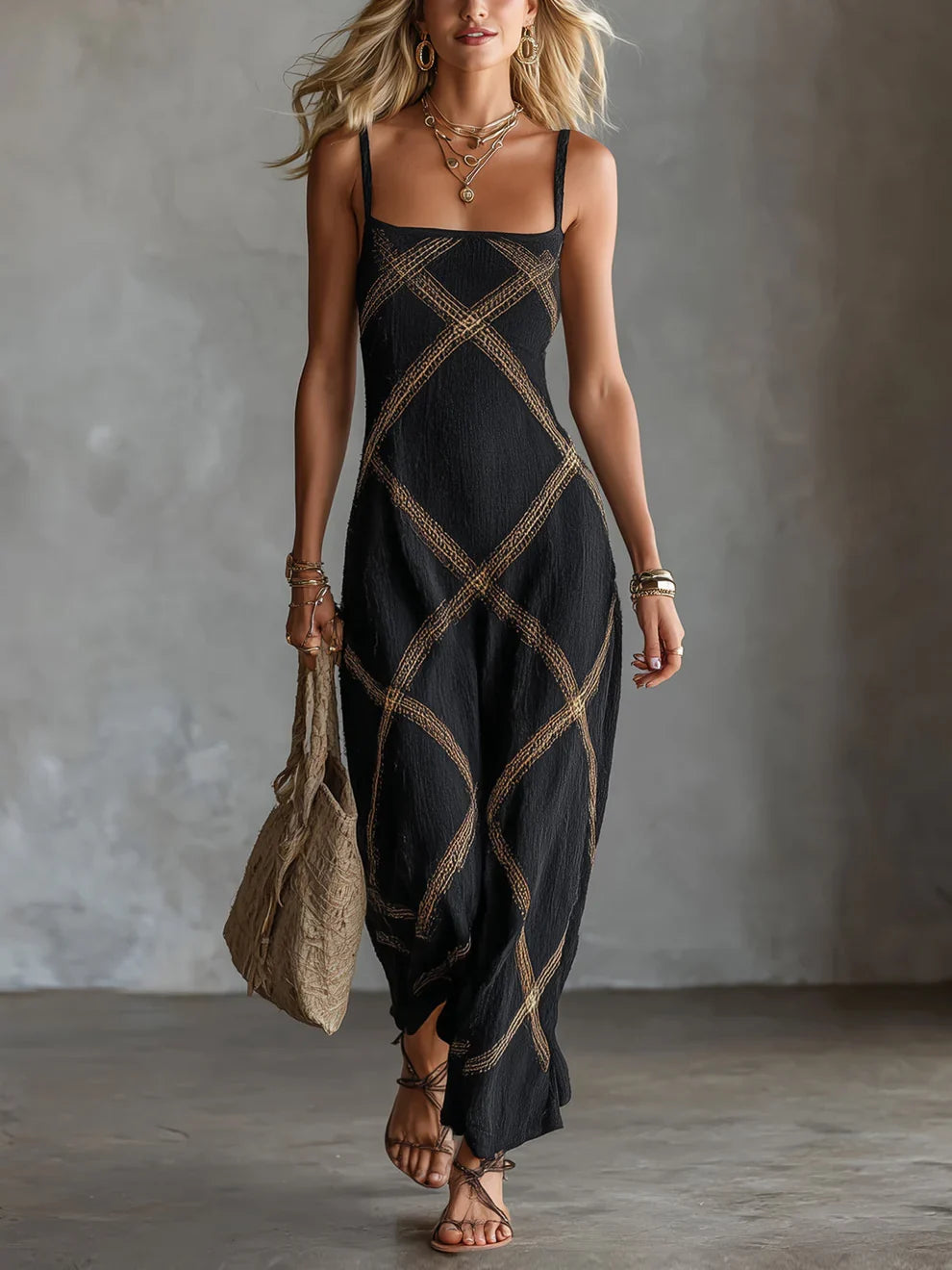 Ilona | Vestido Maxi Geométrico con Escote Cuadrado