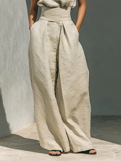 Flor™ | Completo minimalista di canotta e pantaloni a gamba larga in cotone e lino per donna