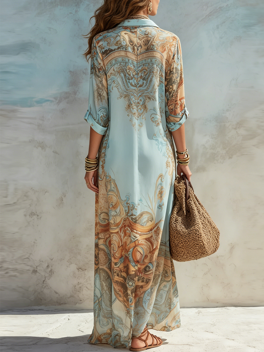 Vestido Largo Azul Con Estampado Floral