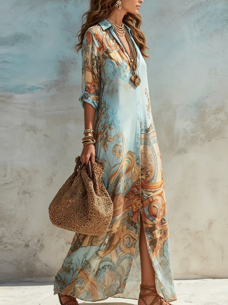 Vestido Largo Azul Con Estampado Floral