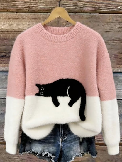 Elegantní volný svetr s motivem kočky